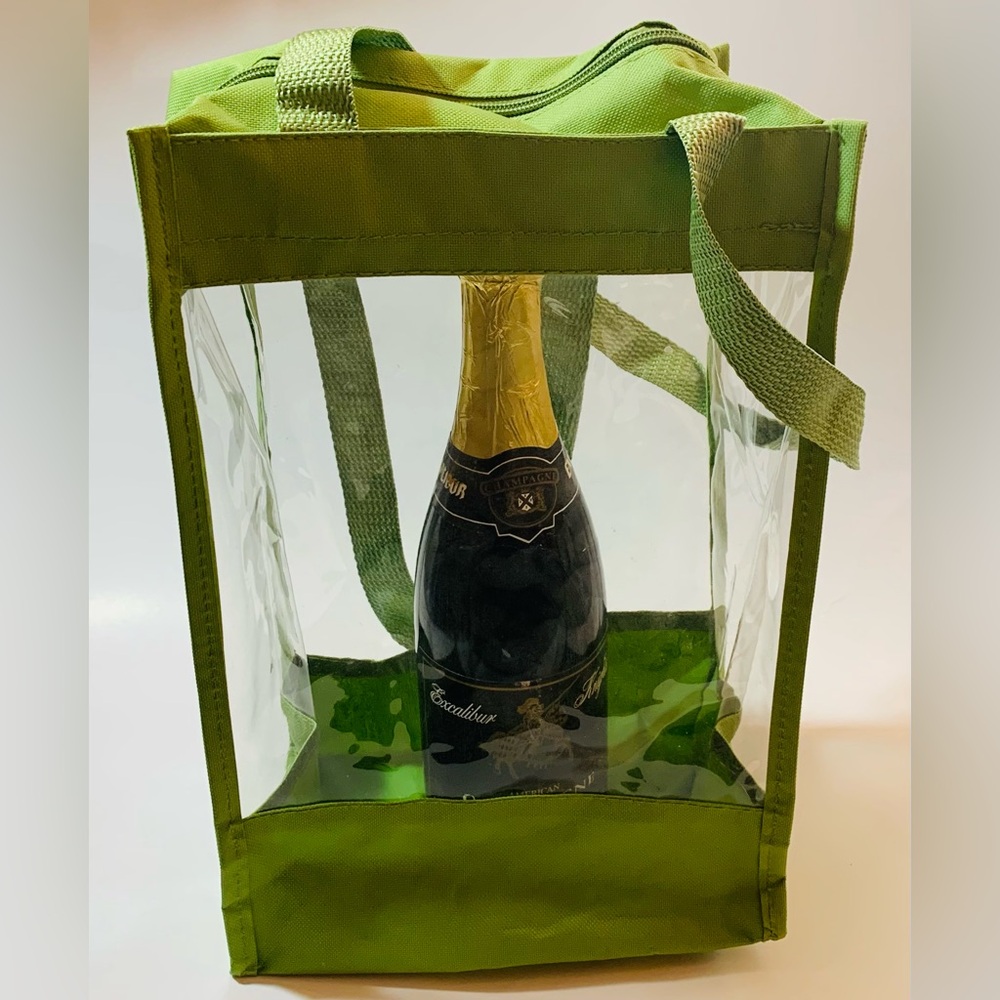 Canvas And Plastic Green Clear Wine Champagne 3 to 4 Bottle Bag Tote 14” T
